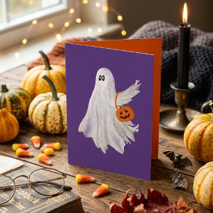 Trick Or Treating Ghost With Pumpkin Candy Bucket Card