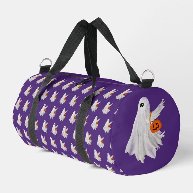 Trick Or Treating Ghost With Pumpkin Candy Bucket Duffle Bag (Left Corner)