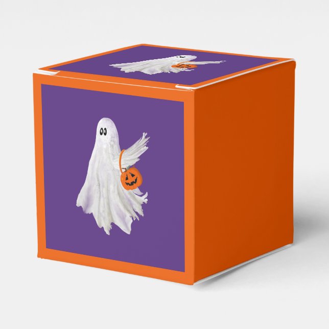Trick Or Treating Ghost With Pumpkin Candy Bucket Favor Boxes (Front Side)