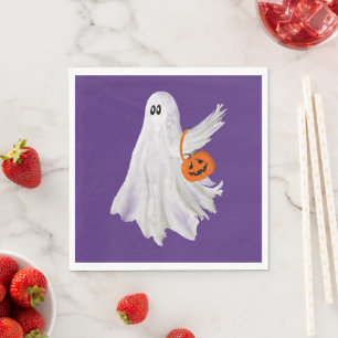 Trick Or Treating Ghost With Pumpkin Candy Bucket Napkins
