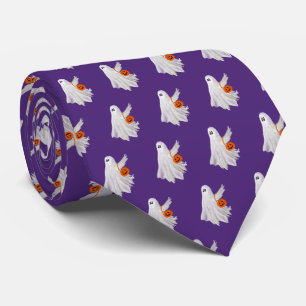 Trick Or Treating Ghost With Pumpkin Candy Bucket Neck Tie