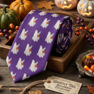 Trick Or Treating Ghost With Pumpkin Candy Bucket Neck Tie