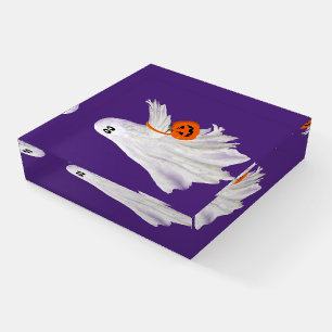 Trick Or Treating Ghost With Pumpkin Candy Bucket Paperweight