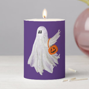 Trick Or Treating Ghost With Pumpkin Candy Bucket Pillar Candle