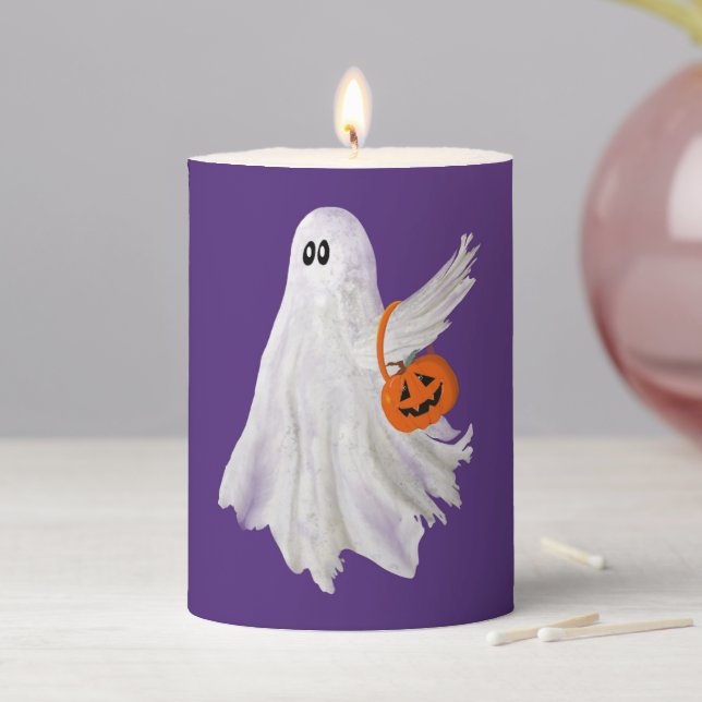 Trick Or Treating Ghost With Pumpkin Candy Bucket Pillar Candle (In Situ)