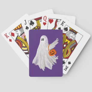 Trick Or Treating Ghost With Pumpkin Candy Bucket Poker Cards