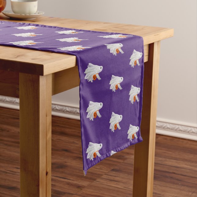 Trick Or Treating Ghost With Pumpkin Candy Bucket Short Table Runner (In Situ)