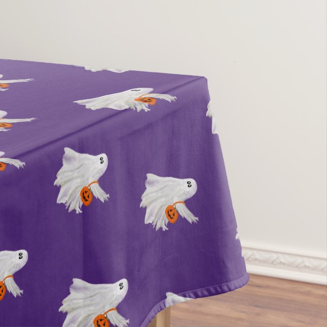 Trick Or Treating Ghost With Pumpkin Candy Bucket  Tablecloth (In Situ)