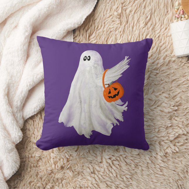 Trick Or Treating Ghost With Pumpkin Candy Bucket Throw Pillow (Blanket)