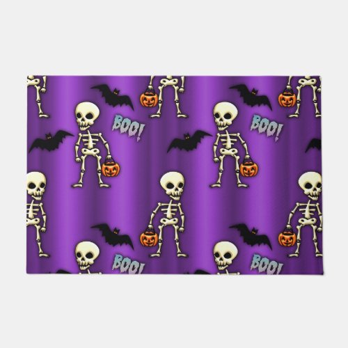 Trick or Treating Skeletons Bats Purple Halloween Doormat