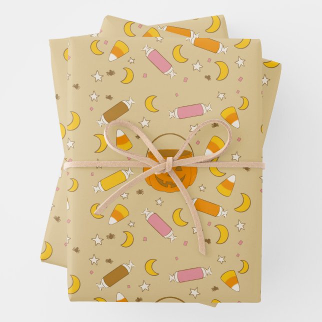 Trick or Treats Jack-o-Lantern Halloween Print Wrapping Paper Sheets (In situ)