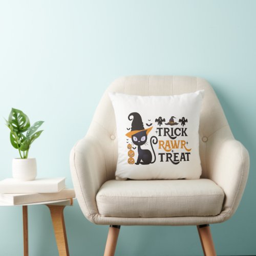 Trick Rawr Treat Black Cat White Halloween Throw Pillow