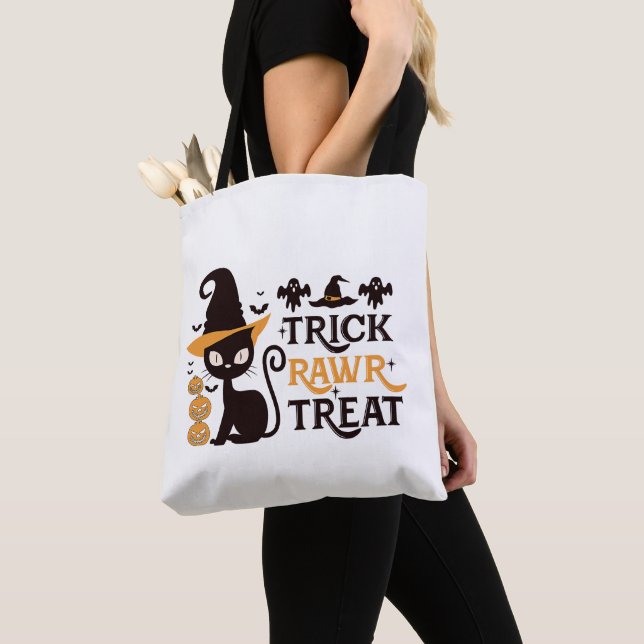 Trick Rawr Treat Black Cat White Halloween Tote Bag (Close Up)