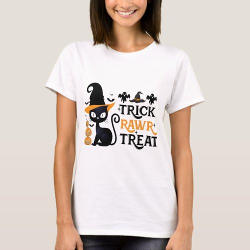 Trick Rawr Treat Black Cat Witches Hat Halloween T_Shirt