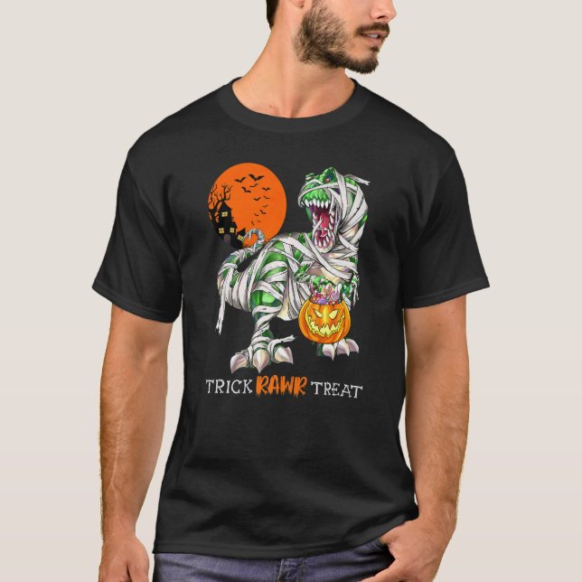 Trick Rawr Treat Mummy Dinosaur Rex Halloween Pump T-Shirt (Front)