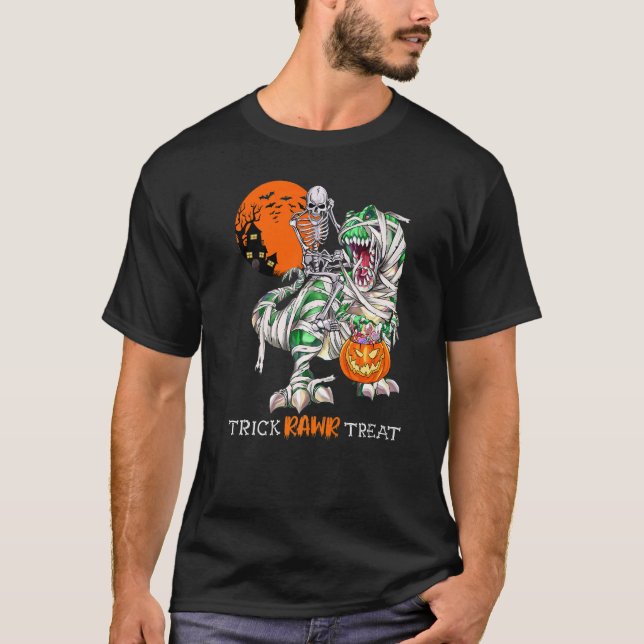 Trick Rawr Treat Skeleton Riding Dinosaur Rex Hall T-Shirt (Front)