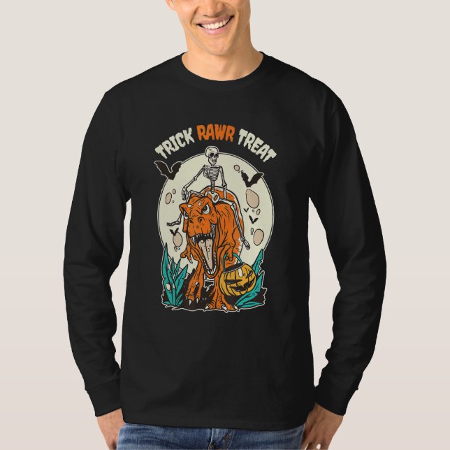 Trick Rawr Treat T Rex Dinosaur And Skeleton Hallo T-Shirt (Front)
