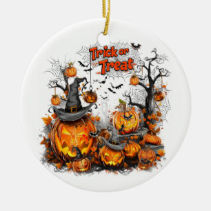 Tricks or Treats I Pumpkin and Bats Ceramic Ornament