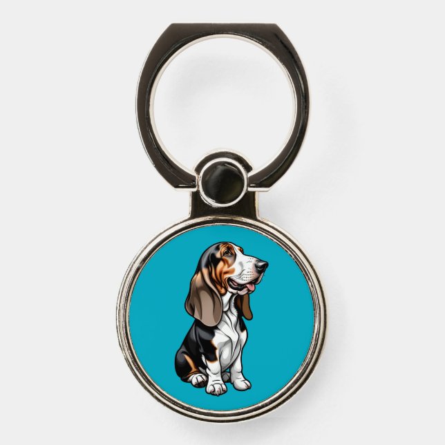 Tricolor Basset Hound Phone Ring Stand (Front)