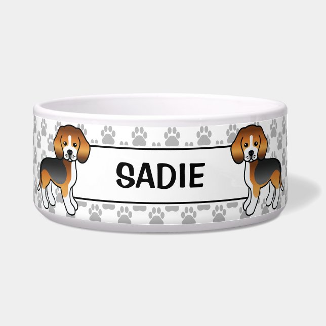 Tricolor Beagle Cute Cartoon Dog & Name Bowl (Front)