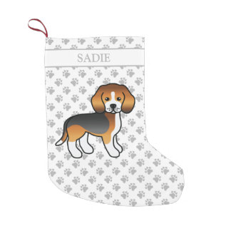 Tricolor Beagle Cute Cartoon Dog &amp; Name Small Christmas Stocking