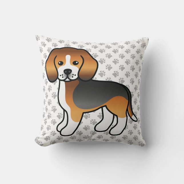 Tricolor Beagle Cute Cartoon Dog & Paws Throw Pillow (Front)