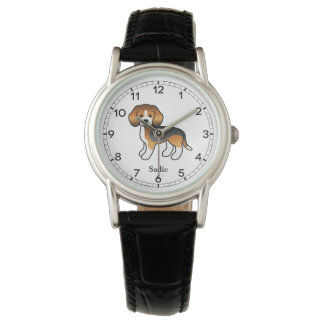 Tricolor Beagle Dog Illustration &amp; Custom Name Watch