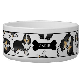 Tricolor Cartoon Sheltie Dogs Pattern &amp; Name Bowl