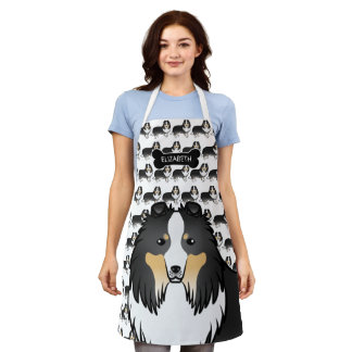 Tricolor Cartoon Sheltie With Dog Bone &amp; Name Apron