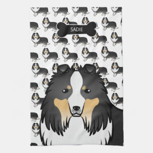 Tricolor Cartoon Sheltie With Dog Bone & Name Kitchen Towel