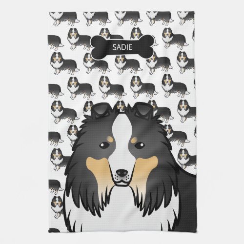 Tricolor Cartoon Sheltie With Dog Bone  Name Kitchen Towel