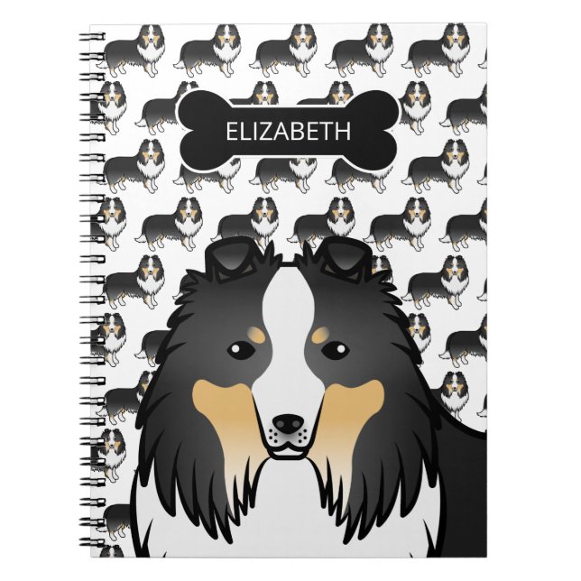 Tricolor Cartoon Sheltie With Dog Bone & Name Notebook (Front)