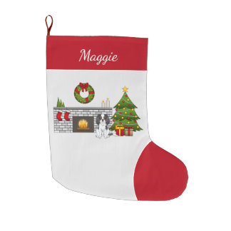 Tricolor Cavalier Dog In A Christmas Room &amp; Name Large Christmas Stocking