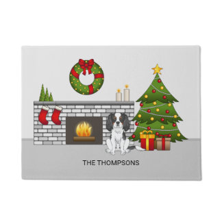 Tricolor Cavalier Dog In A Christmas Room &amp; Text Doormat