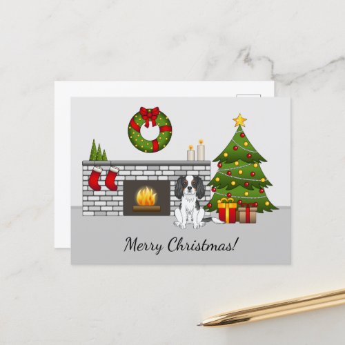 Tricolor Cavalier Dog In A Christmas Room  Text Postcard