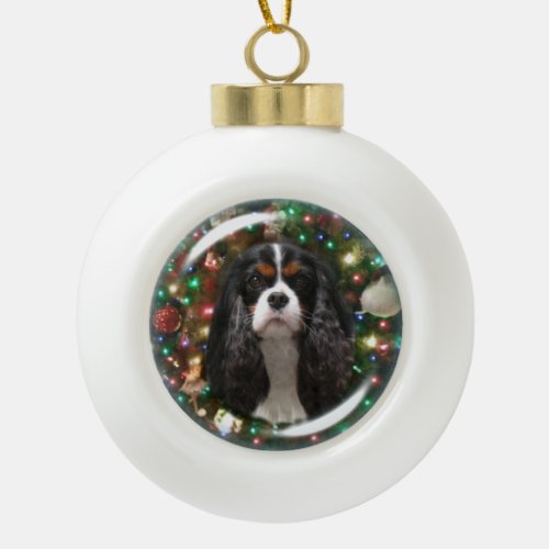 Tricolor Cavalier King Charles Spaniel Ceramic Ball Christmas Ornament