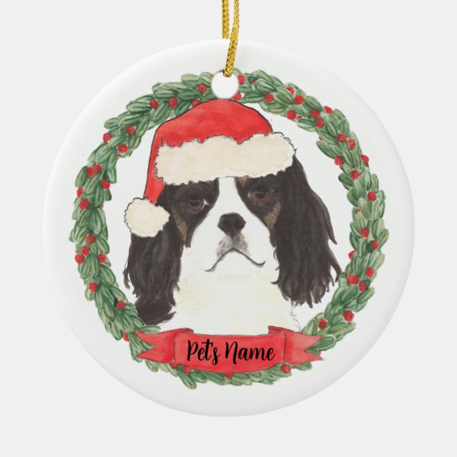 Tricolor Cavalier King Charles Spaniel Christmas Ceramic Ornament (Front)