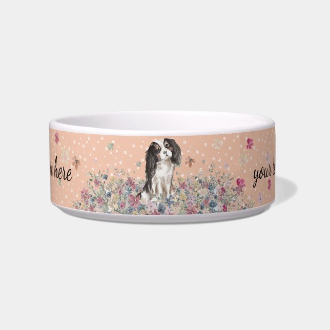 Tricolor Cavalier King Charles Spaniel Dog Bowl (Front)