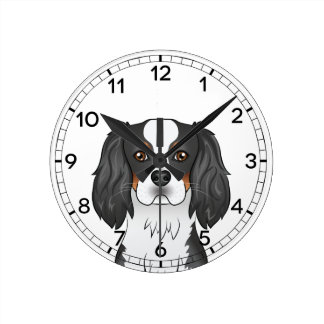 Tricolor Cavalier King Charles Spaniel Dog Head Round Clock