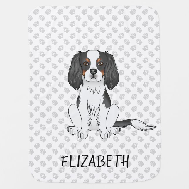 Tricolor Cavalier King Charles Spaniel Dog & Name Baby Blanket (Front)