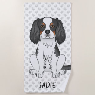 Tricolor Cavalier King Charles Spaniel Dog & Name Beach Towel