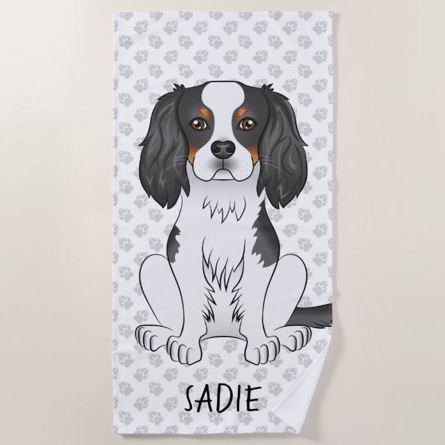 Tricolor Cavalier King Charles Spaniel Dog & Name Beach Towel (Front)