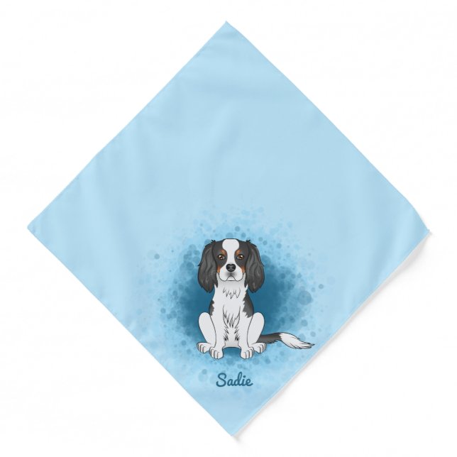 Tricolor Cavalier King Charles Spaniel Dog On Blue Bandana (Front)