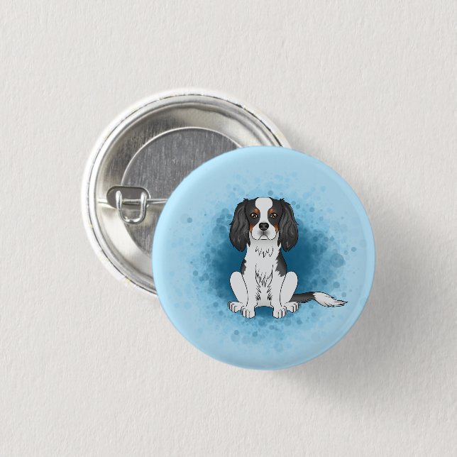 Tricolor Cavalier King Charles Spaniel Dog On Blue Button (Front & Back)
