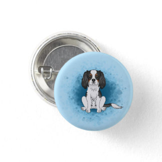 Tricolor Cavalier King Charles Spaniel Dog On Blue Button