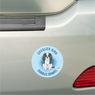 Tricolor Cavalier King Charles Spaniel Dog On Blue Car Magnet