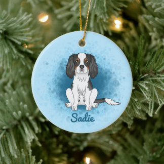 Tricolor Cavalier King Charles Spaniel Dog On Blue Ceramic Ornament