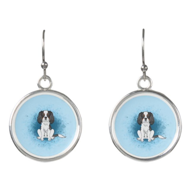 Tricolor Cavalier King Charles Spaniel Dog On Blue Earrings (Front)