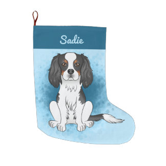 Tricolor Cavalier King Charles Spaniel Dog On Blue Large Christmas Stocking