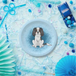 Tricolor Cavalier King Charles Spaniel Dog On Blue Paper Plates